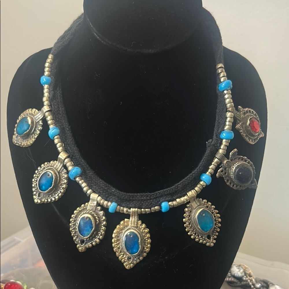 Antique INDIA Tribal Brass and Colored Glass Dangle Necklace